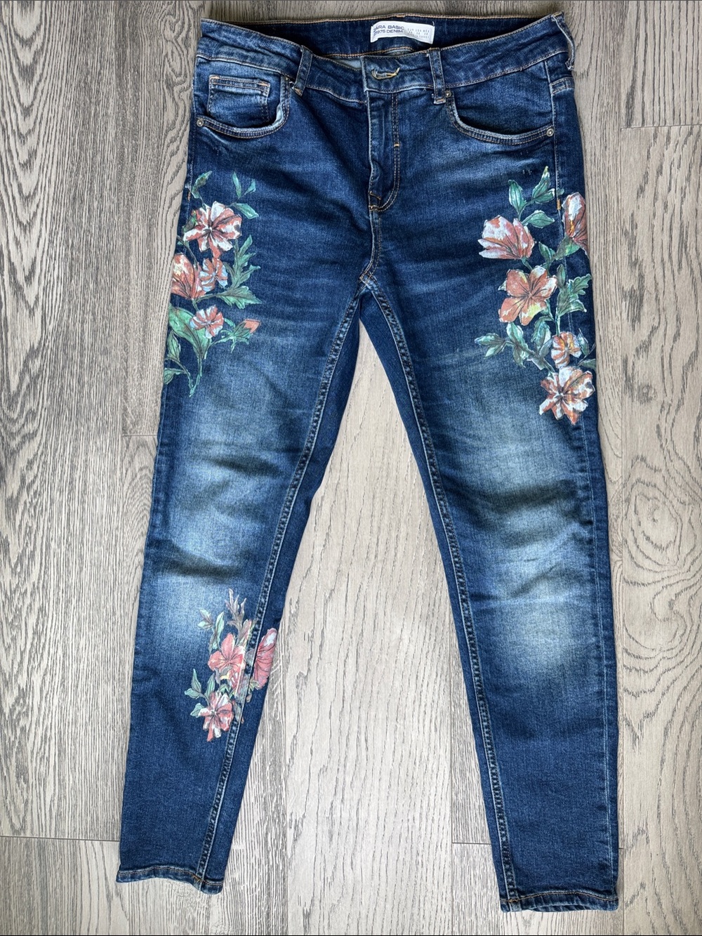Zara Dark Blue Skinny Jeans with Pink & Green Floral Painted